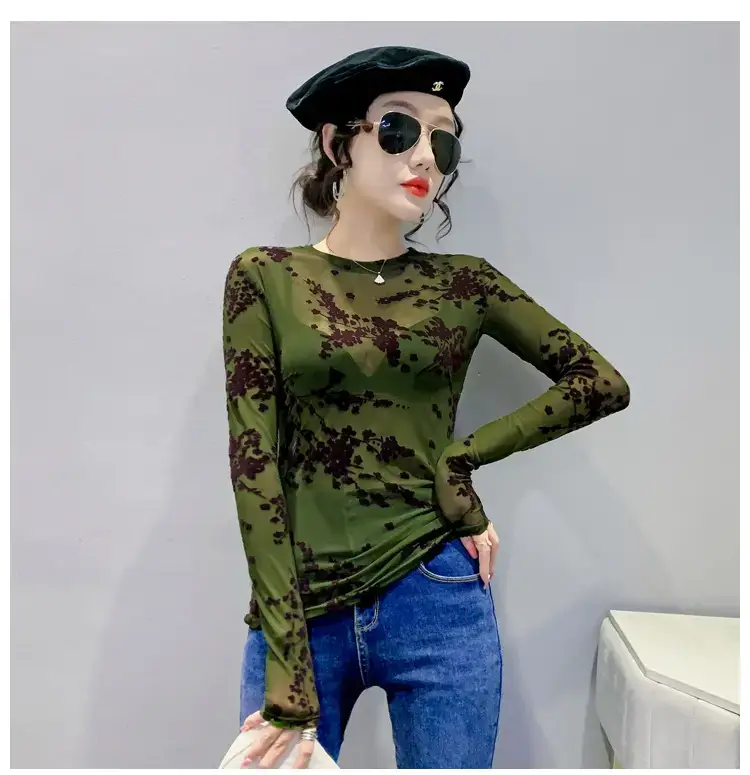 2022 Spring Long Sleeve Mesh Flocking Top Brown Beige — feature 11