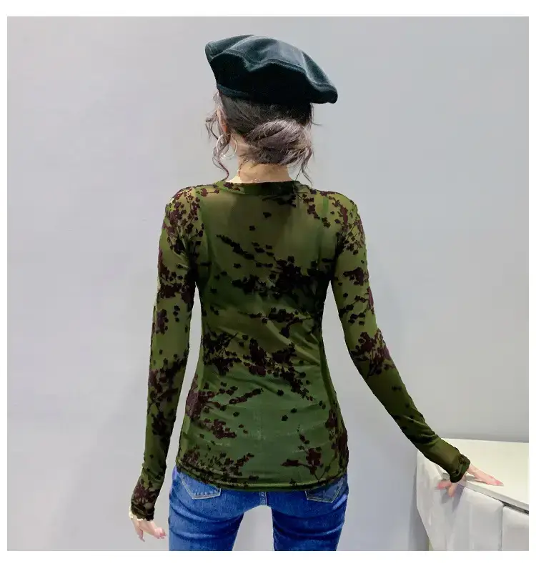 2022 Spring Long Sleeve Mesh Flocking Top Brown Beige — feature 12