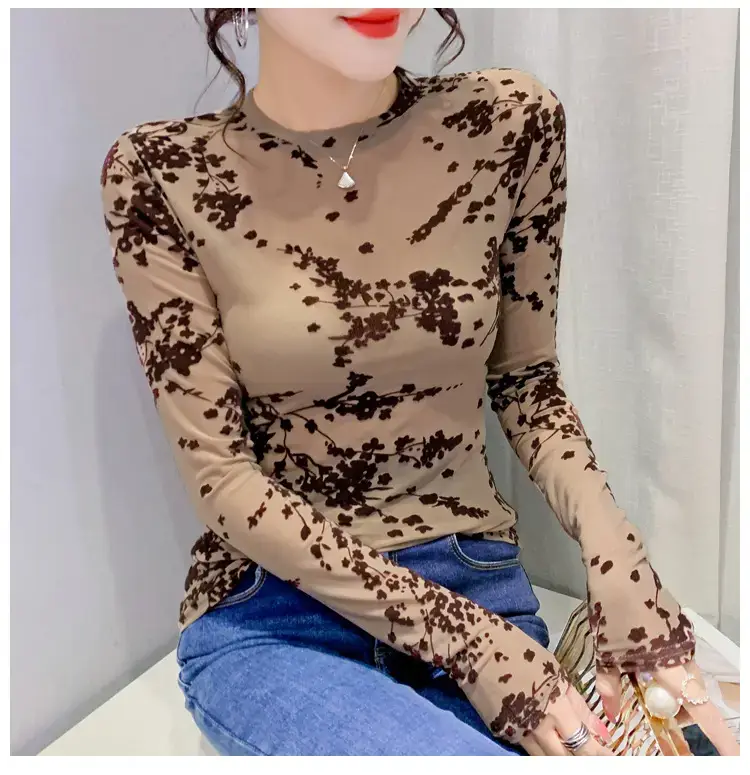 2022 Spring Long Sleeve Mesh Flocking Top Brown Beige — feature 13