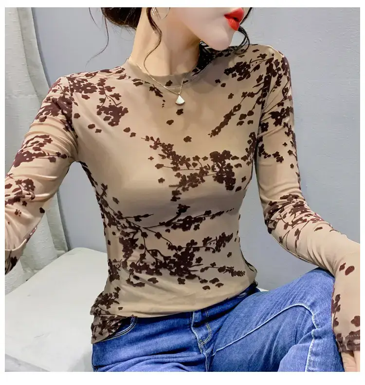 2022 Spring Long Sleeve Mesh Flocking Top Brown Beige — feature 14
