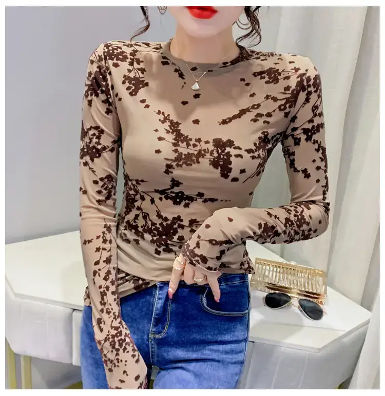2022 Spring Long Sleeve Mesh Flocking Top Brown Beige — feature 15