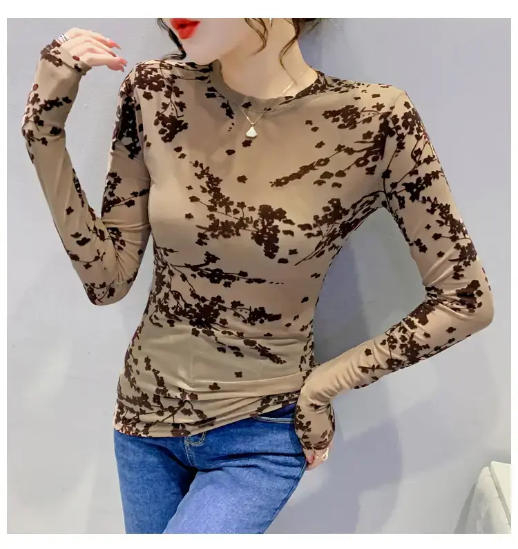 2022 Spring Long Sleeve Mesh Flocking Top Brown Beige — feature 16