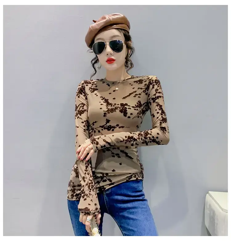 2022 Spring Long Sleeve Mesh Flocking Top Brown Beige — feature 17