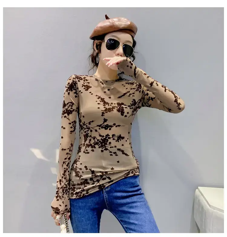2022 Spring Long Sleeve Mesh Flocking Top Brown Beige — feature 18