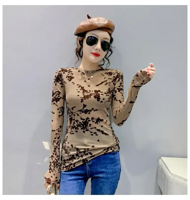 2022 Spring Long Sleeve Mesh Flocking Top Brown Beige — feature 19