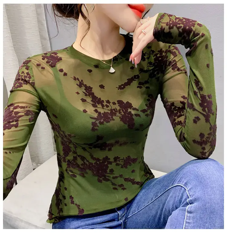 2022 Spring Long Sleeve Mesh Flocking Top Brown Beige — feature 7