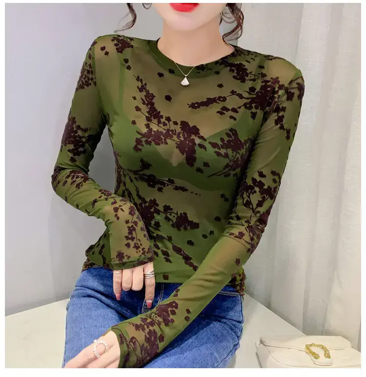 2022 Spring Long Sleeve Mesh Flocking Top Brown Beige — feature 8