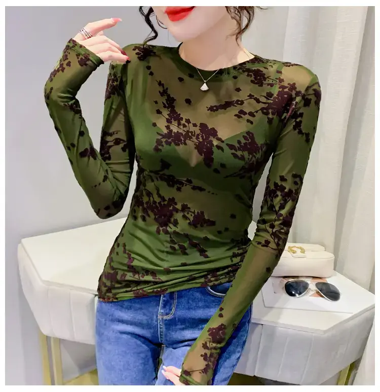 2022 Spring Long Sleeve Mesh Flocking Top Brown Beige — feature 9