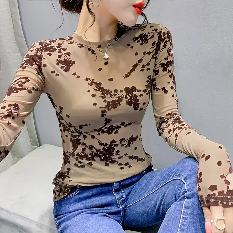2022 Spring Long Sleeve Mesh Flocking Top Brown Beige - Image 2