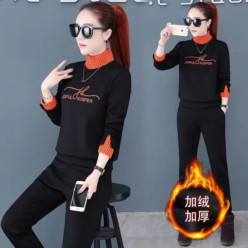 Women's Black Orange Sweatshirt Set with High Collar & Padded Design - Image 6