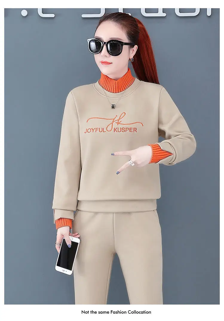 Women's Black Orange Sweatshirt Set with High Collar & Padded Design — feature 11