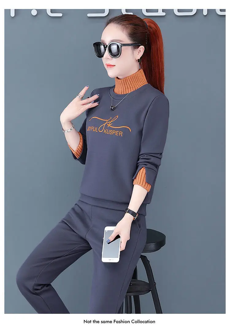 Women's Black Orange Sweatshirt Set with High Collar & Padded Design — feature 14
