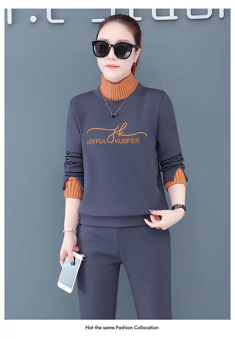 Women's Black Orange Sweatshirt Set with High Collar & Padded Design — feature 15