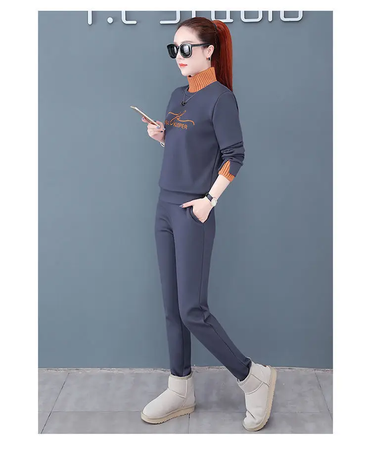 Women's Black Orange Sweatshirt Set with High Collar & Padded Design — feature 16