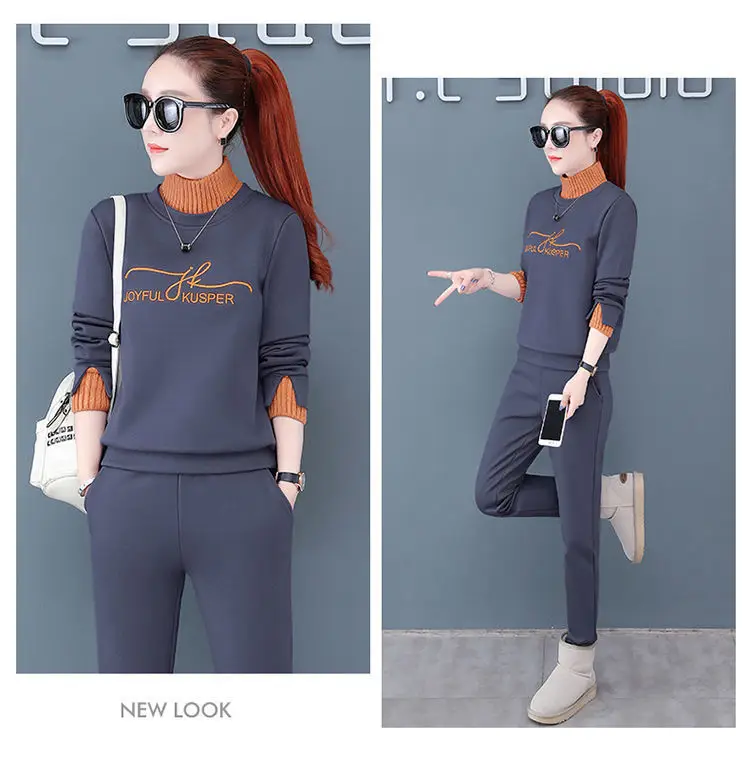 Women's Black Orange Sweatshirt Set with High Collar & Padded Design — feature 17