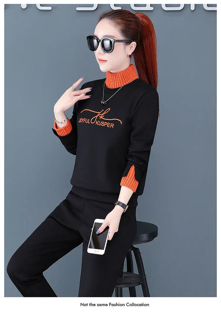 Women's Black Orange Sweatshirt Set with High Collar & Padded Design — feature 23