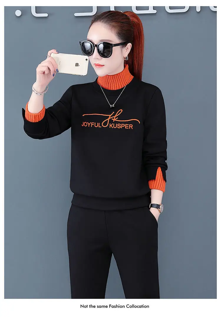 Women's Black Orange Sweatshirt Set with High Collar & Padded Design — feature 24