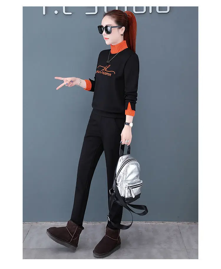 Women's Black Orange Sweatshirt Set with High Collar & Padded Design — feature 25