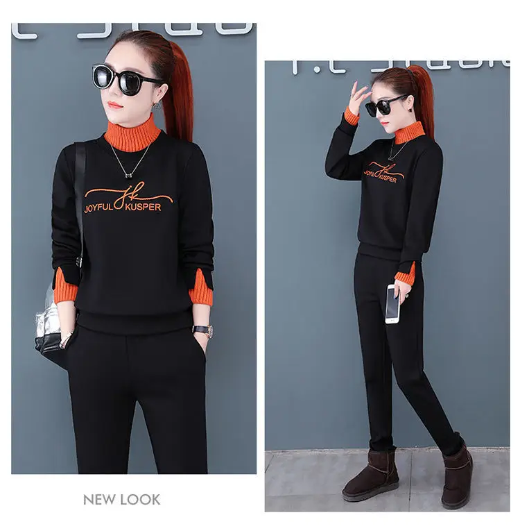 Women's Black Orange Sweatshirt Set with High Collar & Padded Design — feature 26