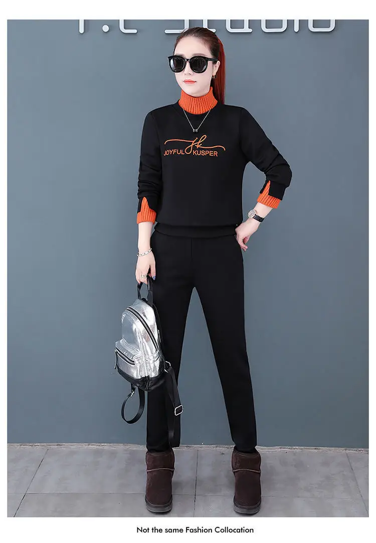 Women's Black Orange Sweatshirt Set with High Collar & Padded Design — feature 27