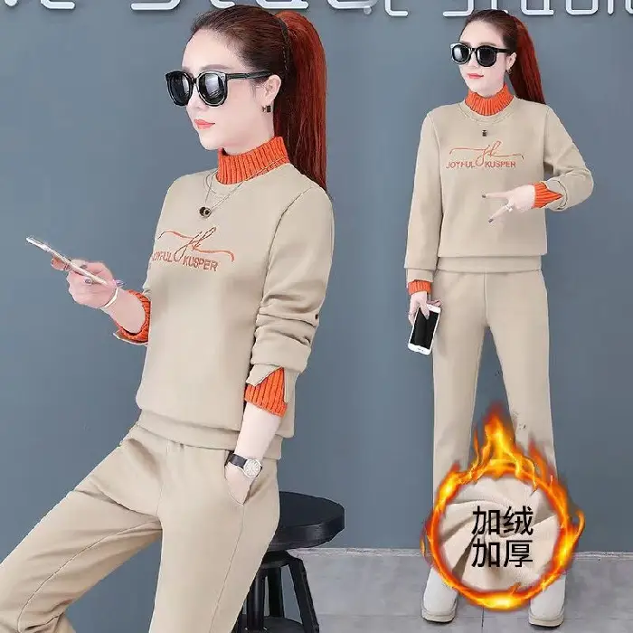 Women's Black Orange Sweatshirt Set with High Collar & Padded Design - Image 2