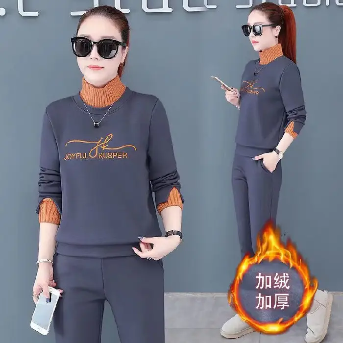 Women's Black Orange Sweatshirt Set with High Collar & Padded Design - Image 3