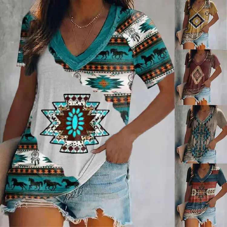 Women's 2022 V-Neck Printed T-Shirt Shorts Set - Image 14