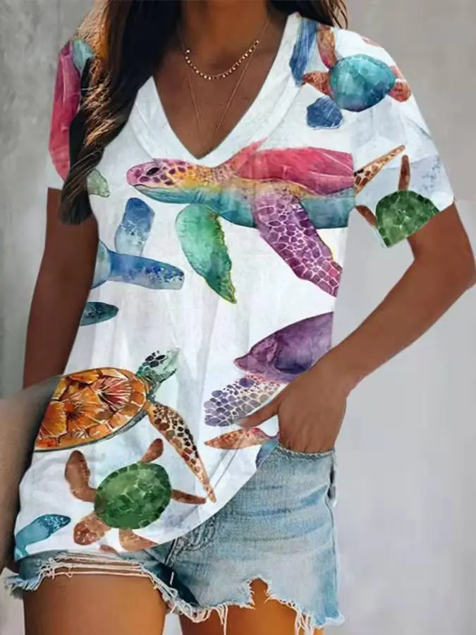 Women's 2022 V-Neck Printed T-Shirt Shorts Set - Image 13