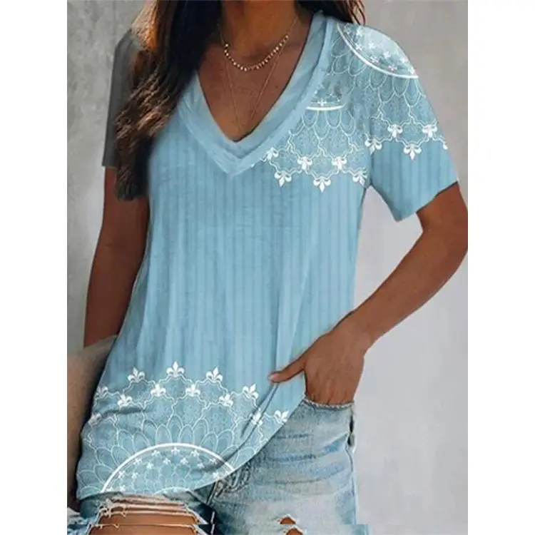 Women's 2022 V-Neck Printed T-Shirt Shorts Set - Image 8
