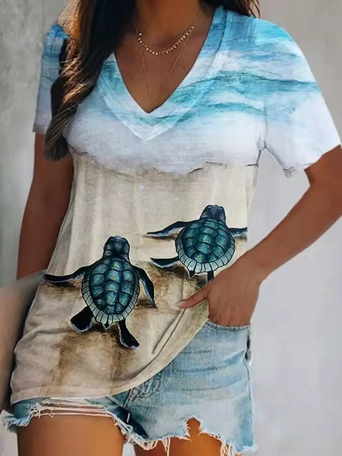 Women's 2022 V-Neck Printed T-Shirt Shorts Set - Image 9