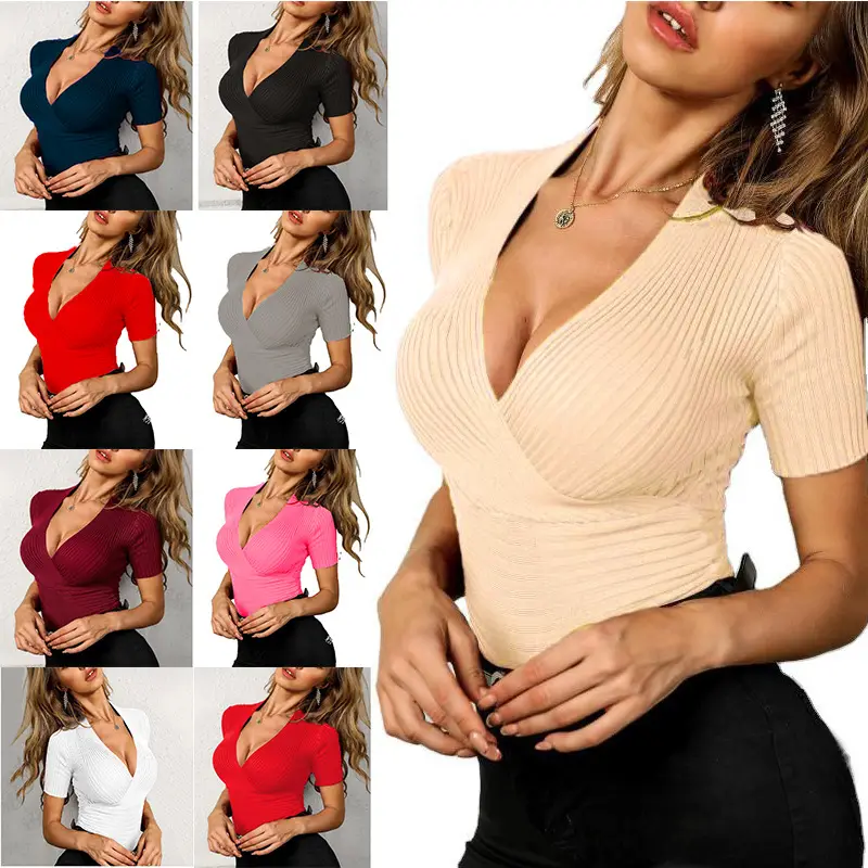 2023 Summer V-Neck Knitted T-Shirt Women - Image 7