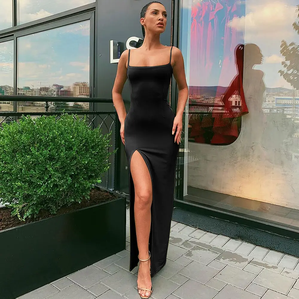 Red Slim Fit Off-Neck Split Dress for Women - Image 3