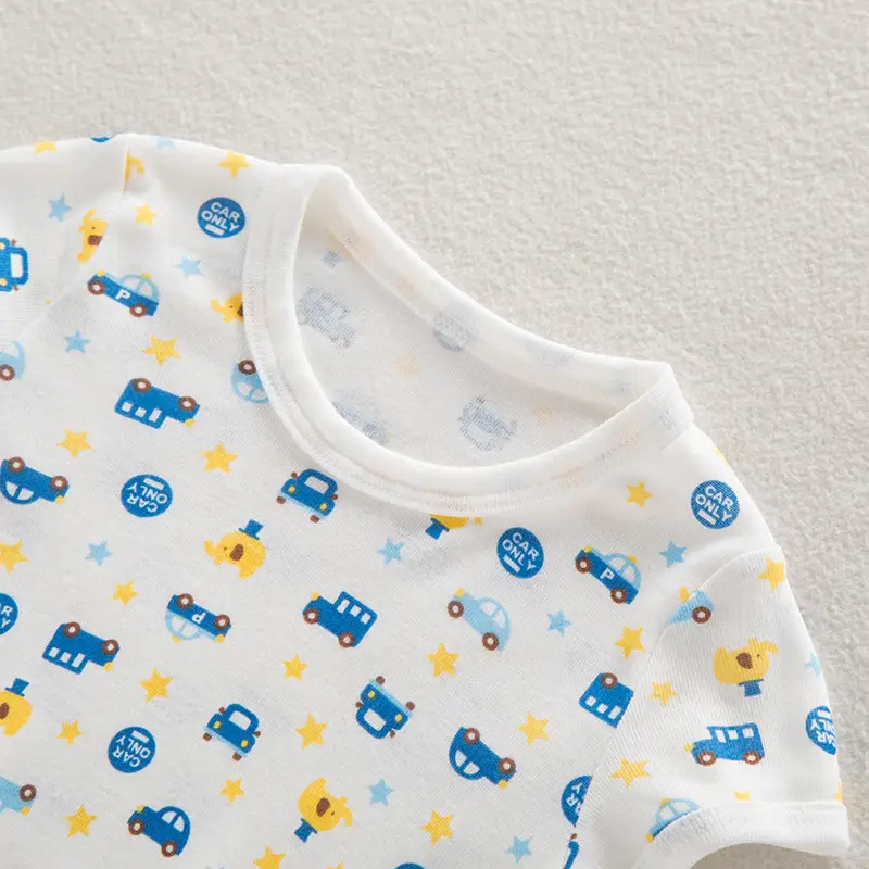Car Print Boys T-Shirt White Short Sleeve Cotton