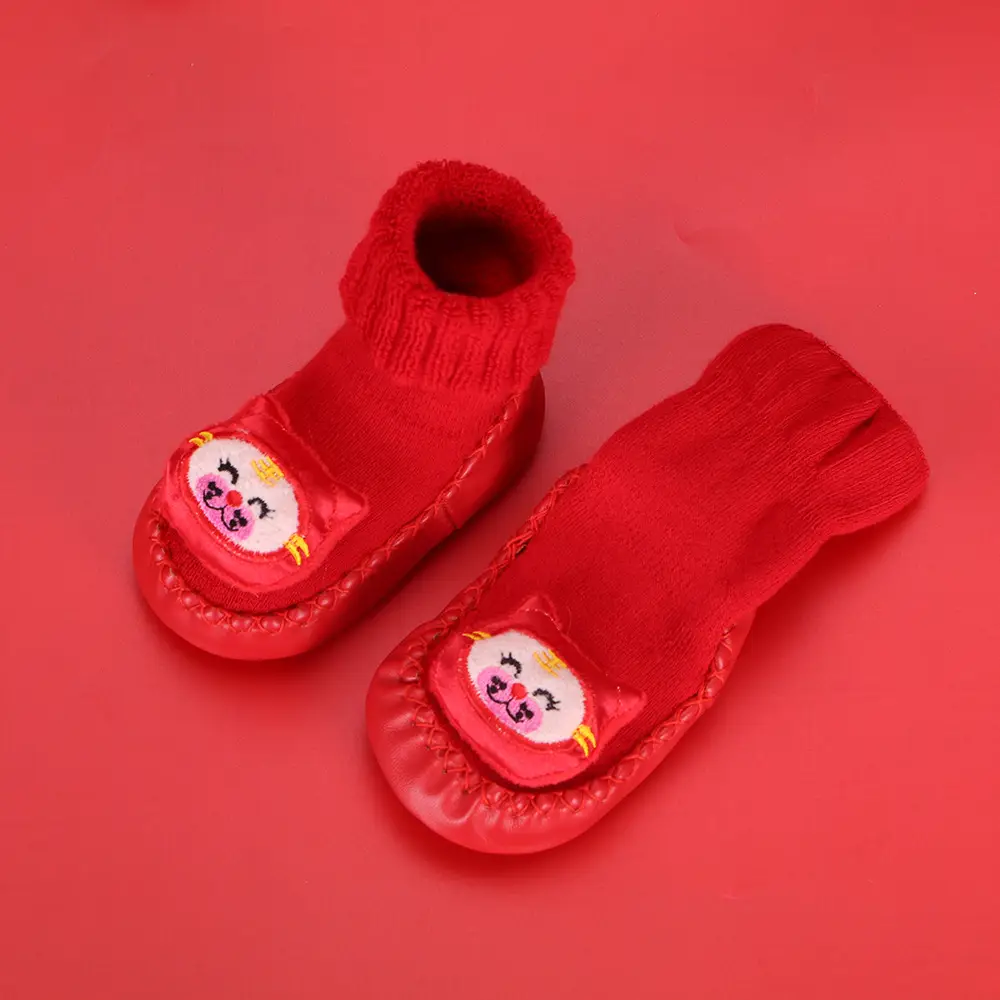 Red Terry Wool Baby Floor Socks for Kids Winter New Year