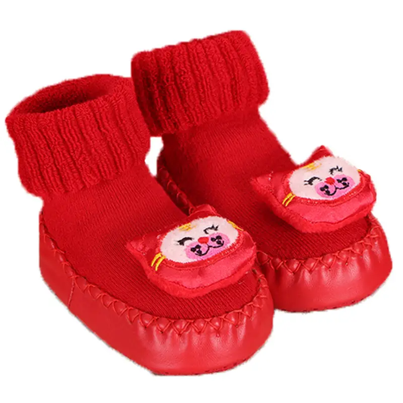Red Terry Wool Baby Floor Socks for Kids Winter New Year