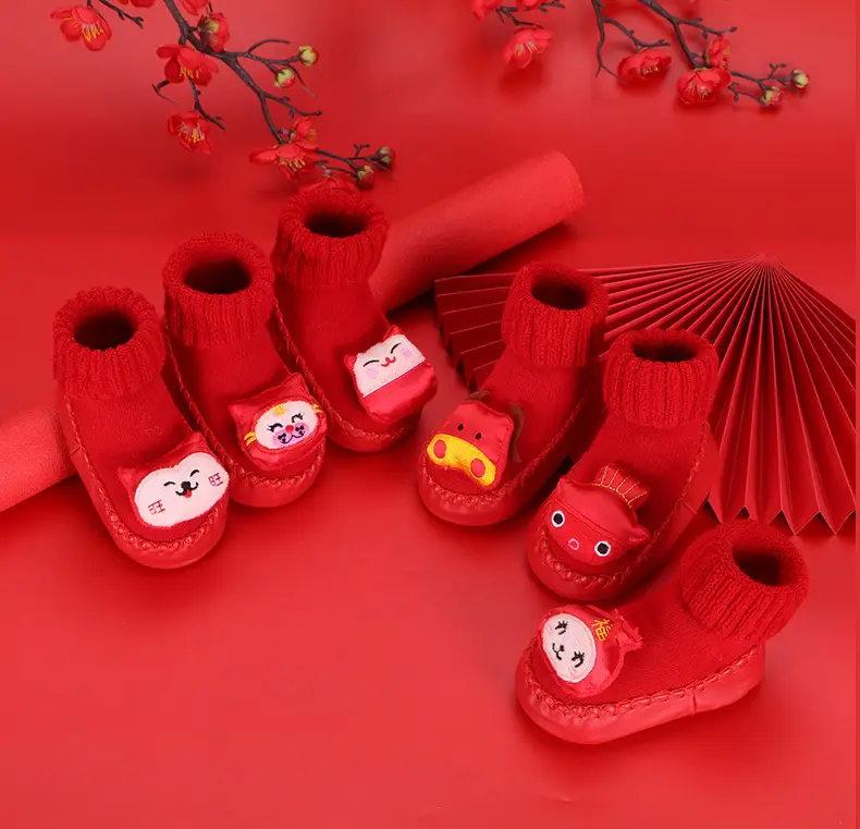 Red Terry Wool Baby Floor Socks for Kids Winter New Year — feature 4
