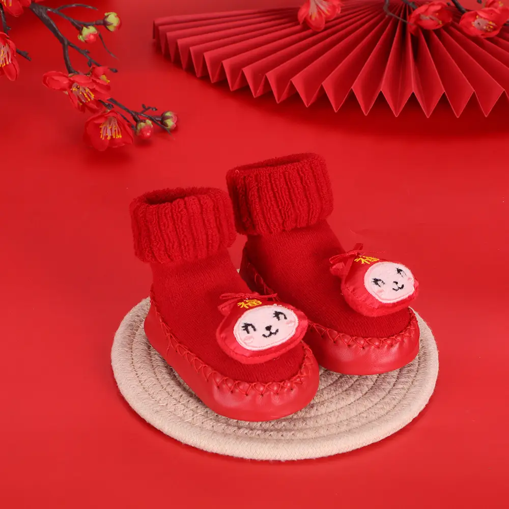 Red Terry Wool Baby Floor Socks for Kids Winter New Year