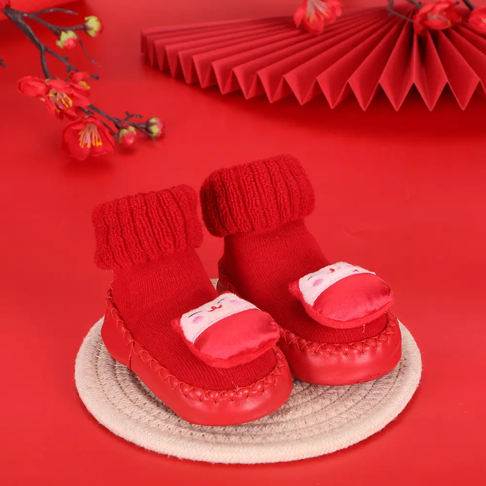 Red Terry Wool Baby Floor Socks for Kids Winter New Year