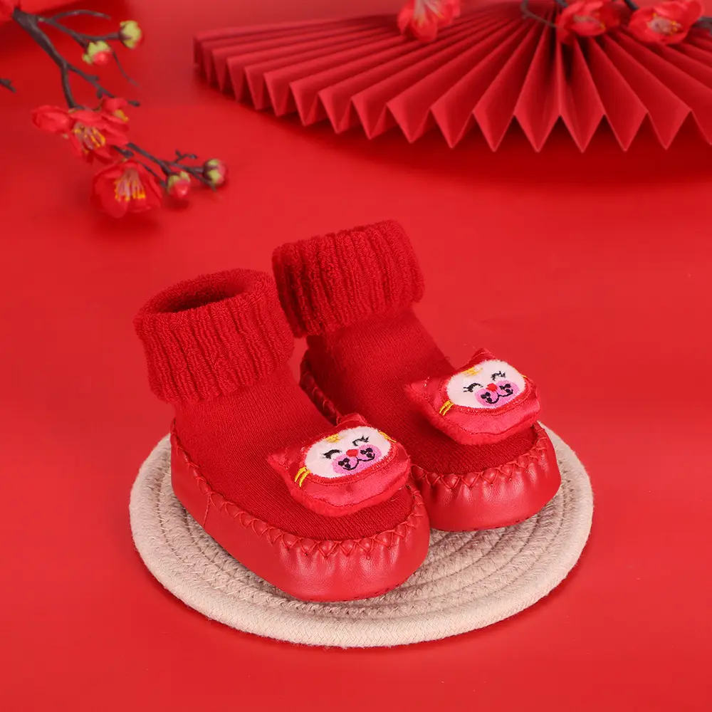 Red Terry Wool Baby Floor Socks for Kids Winter New Year