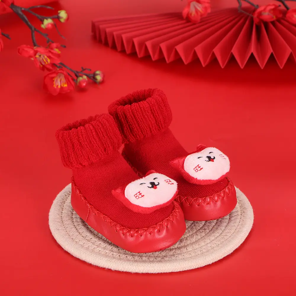 Red Terry Wool Baby Floor Socks for Kids Winter New Year