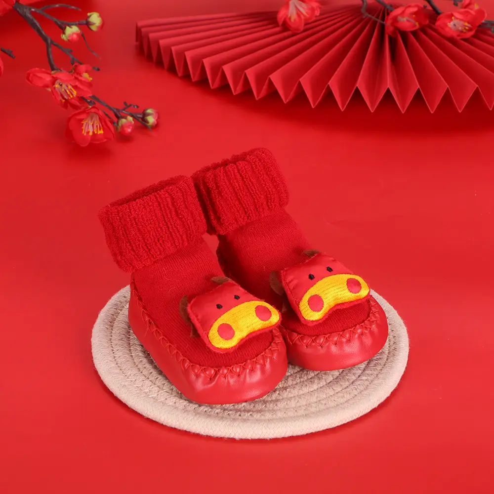 Red Terry Wool Baby Floor Socks for Kids Winter New Year
