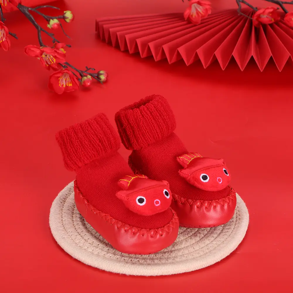 Red Terry Wool Baby Floor Socks for Kids Winter New Year