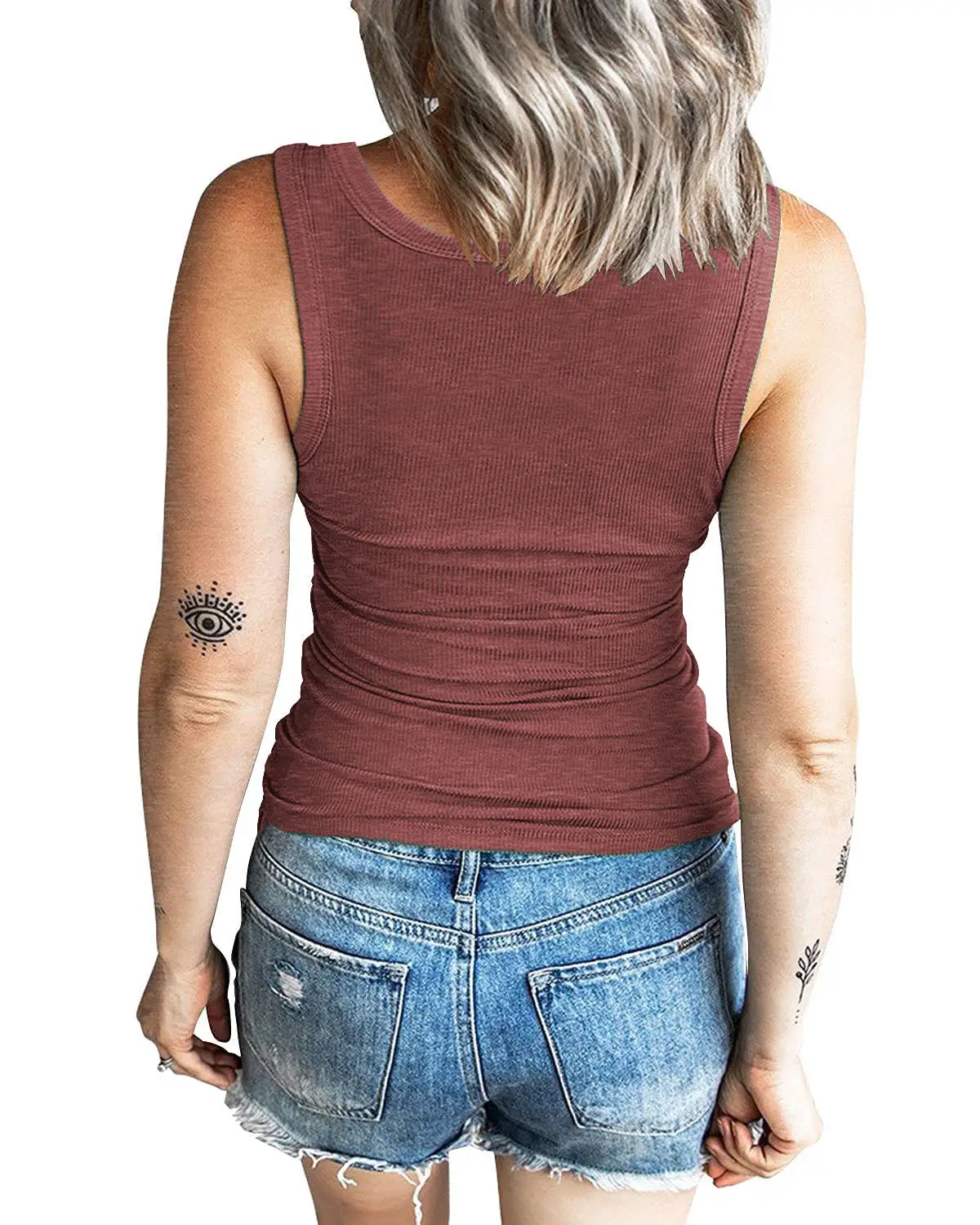 Women Threaded Button Slim Vest Top T-Shirt Blue - Image 11