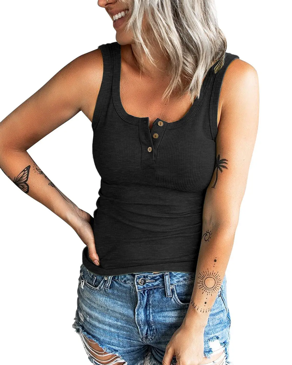 Women Threaded Button Slim Vest Top T-Shirt Blue - Image 2