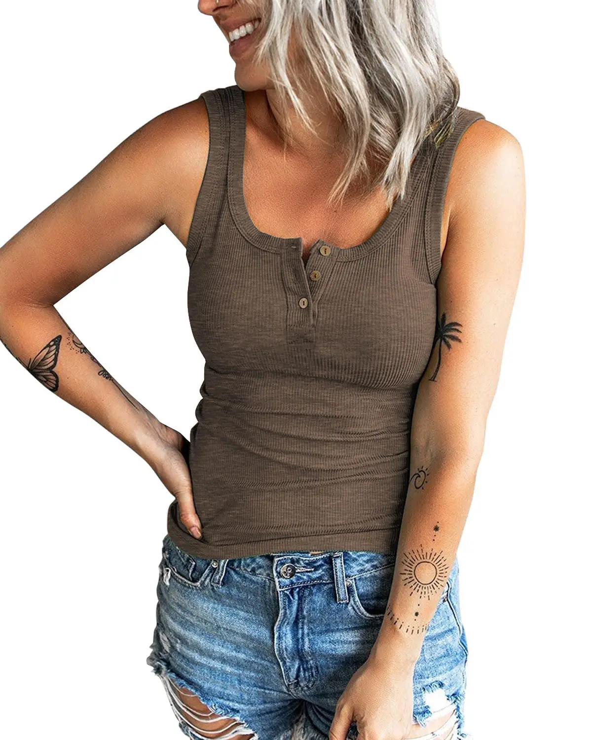 Women Threaded Button Slim Vest Top T-Shirt Blue - Image 4