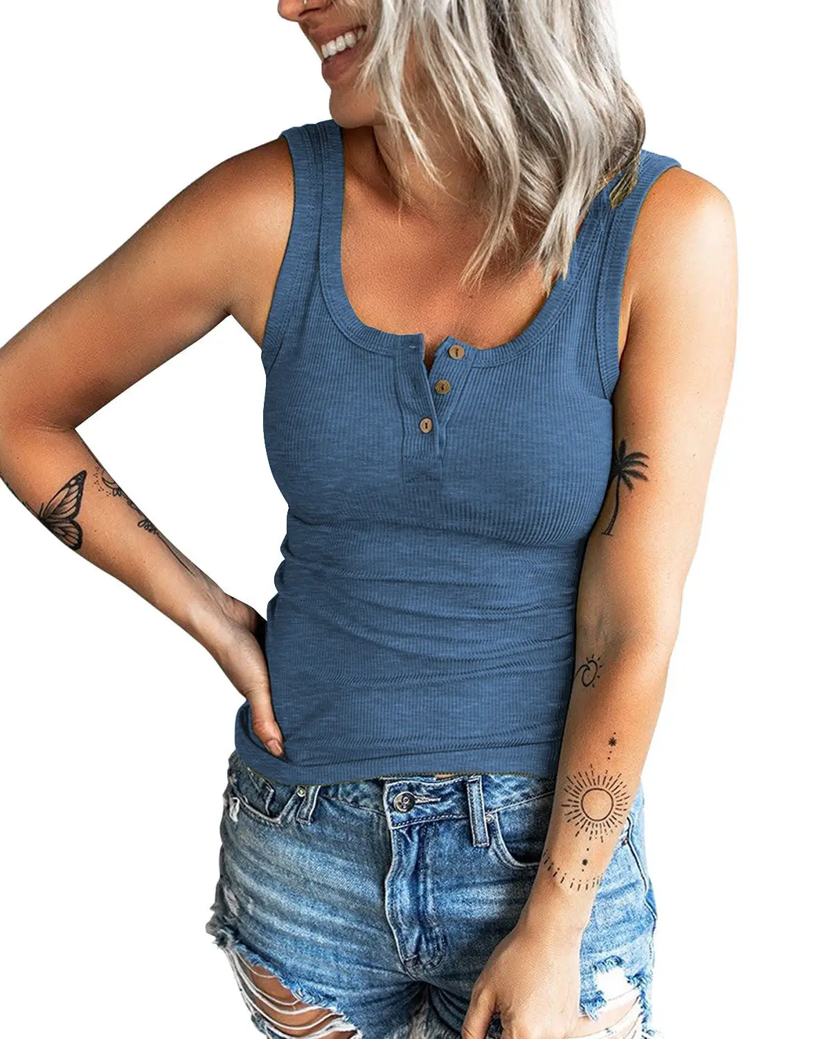Women Threaded Button Slim Vest Top T-Shirt Blue - Image 5