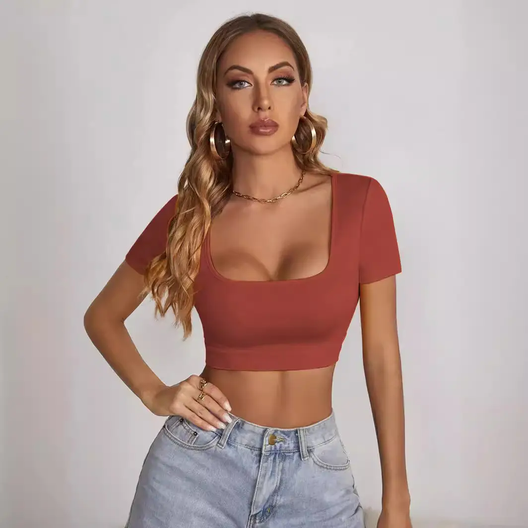 Women Square Collar Navel Baring T-Shirt Red Slim Fit - Image 8