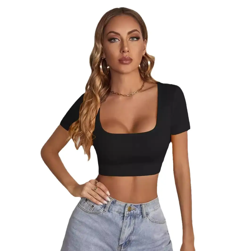 Women Square Collar Navel Baring T-Shirt Red Slim Fit - Image 9