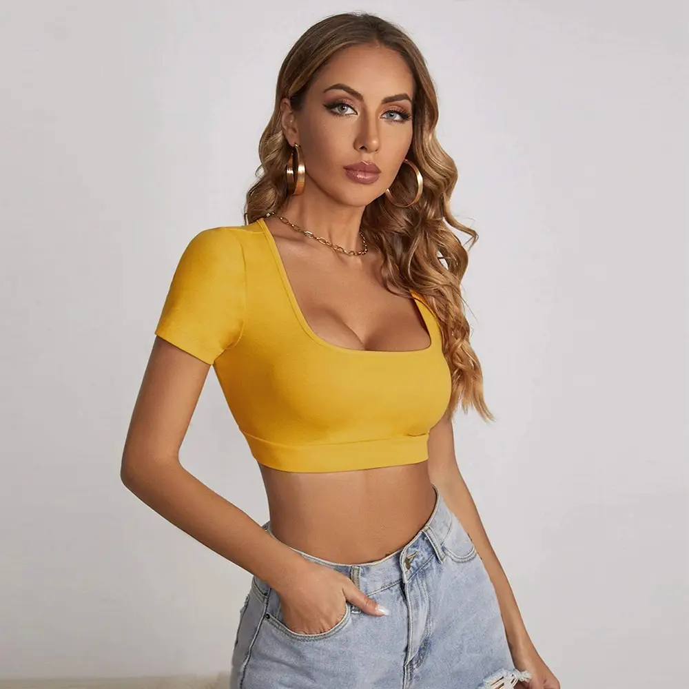 Women Square Collar Navel Baring T-Shirt Red Slim Fit — feature 11