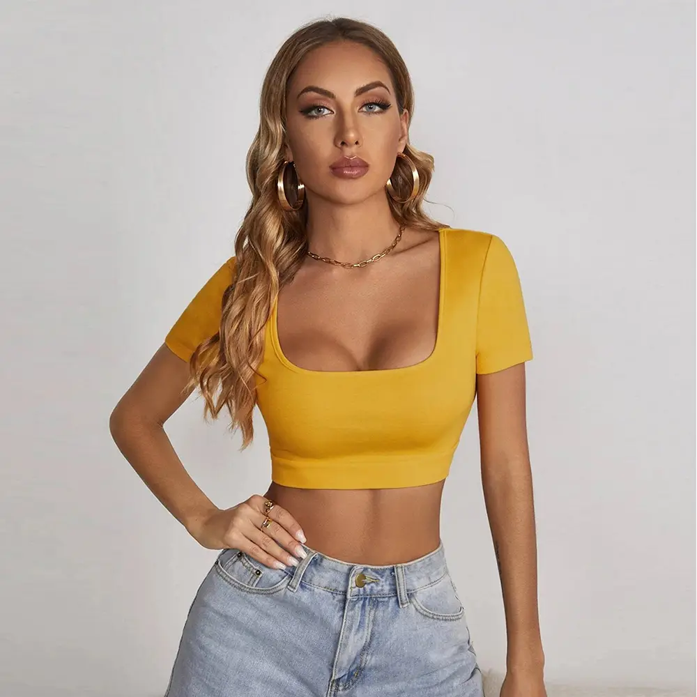 Women Square Collar Navel Baring T-Shirt Red Slim Fit — feature 12